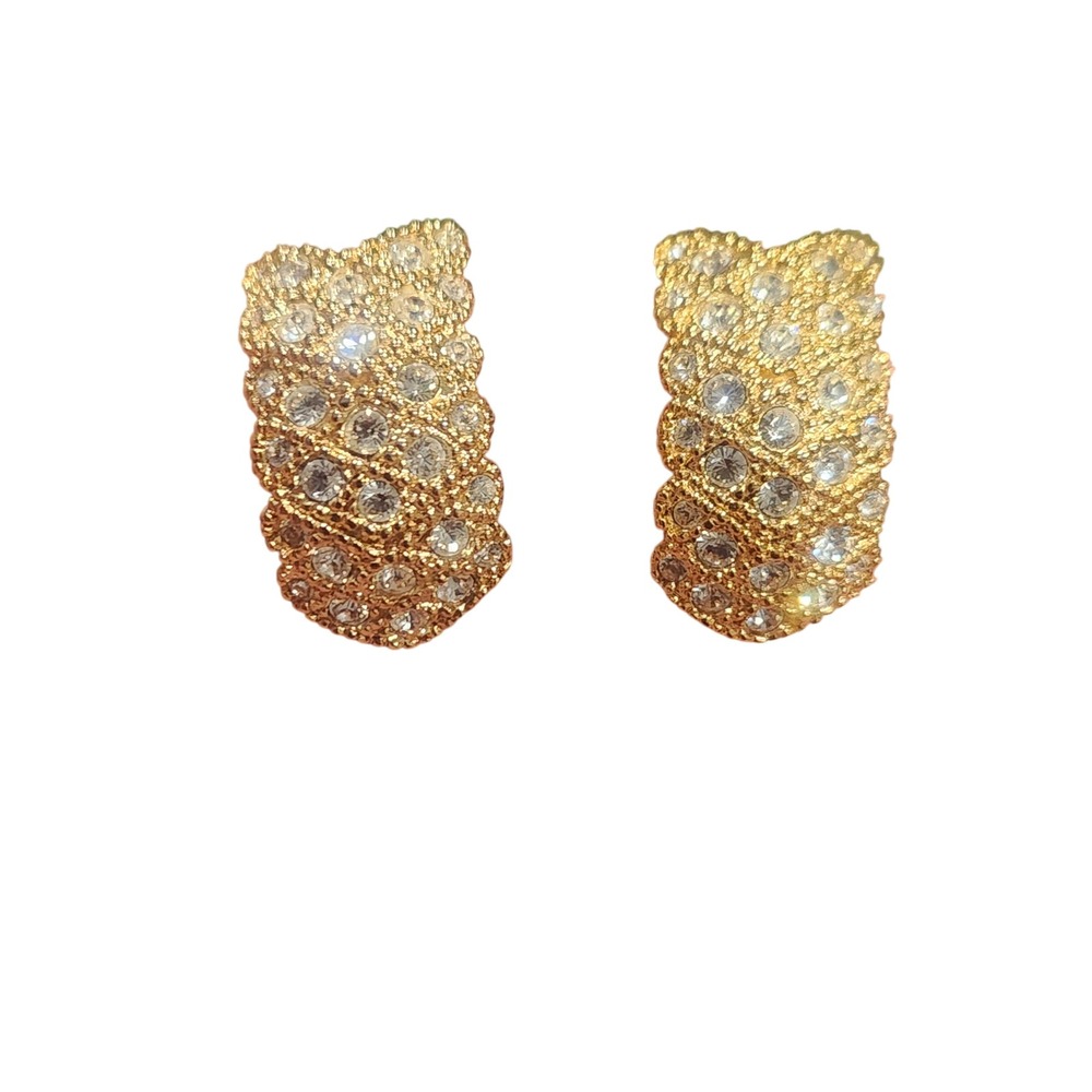 Gold Tone Pave Rhinestone Clip On Earrings Vintage Style‎ Scalloped J Hoop